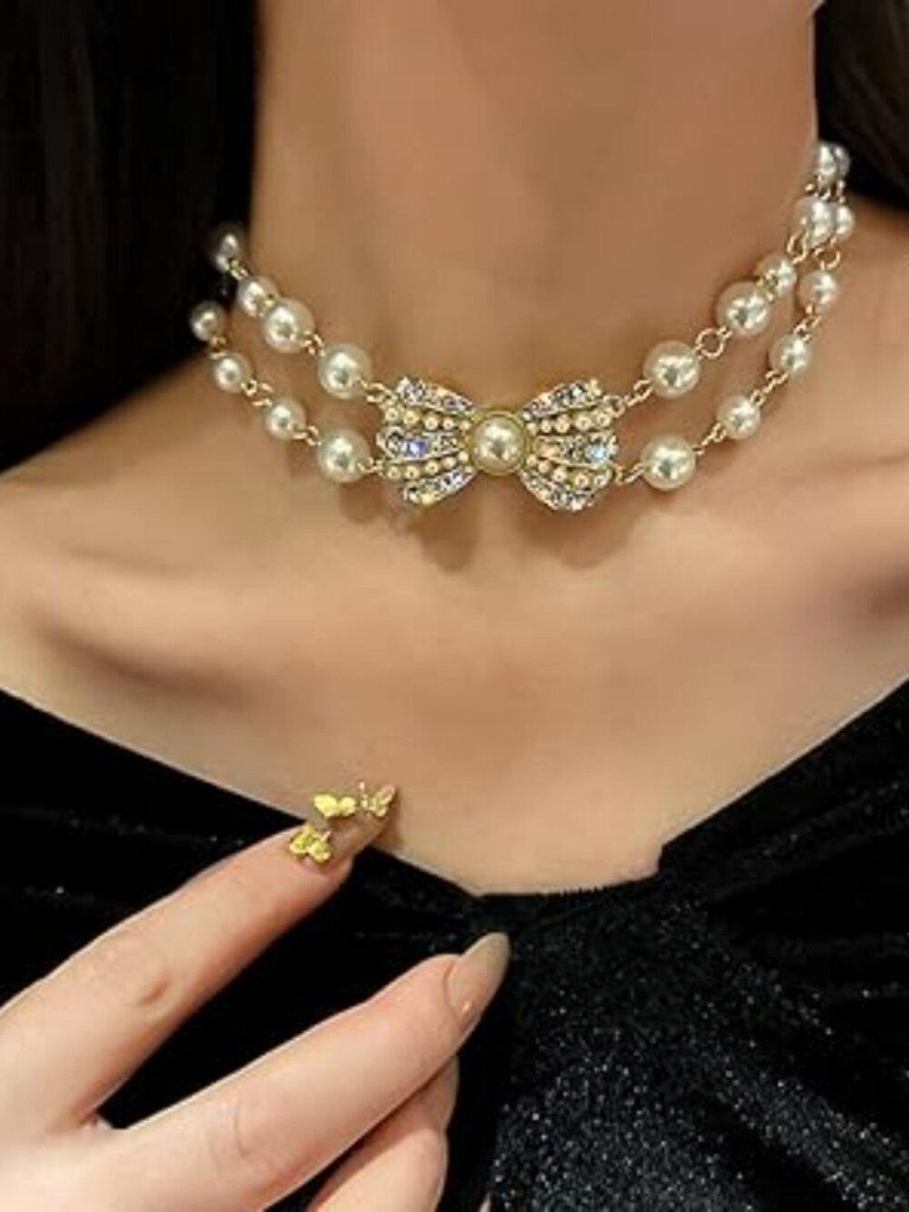 2 Layer Dainty Pearl Choker Necklace Boho Chunky Rhinestones Wedding Prom Party
